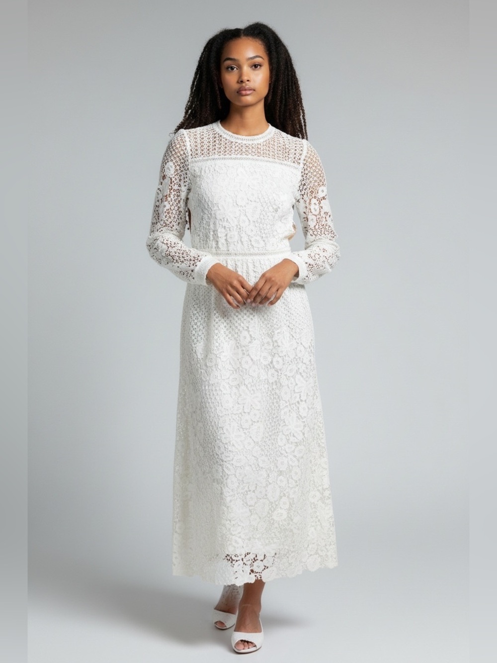 BHLDN Edina Guipire White Lace Midi White Long-Sleeve Dress Wedding Bridal